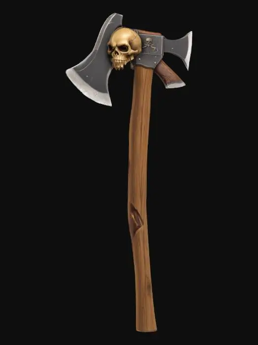 3D model for axe crooked wooden handle, a skull on the hilt, Clash of Clans, Highly Detailed