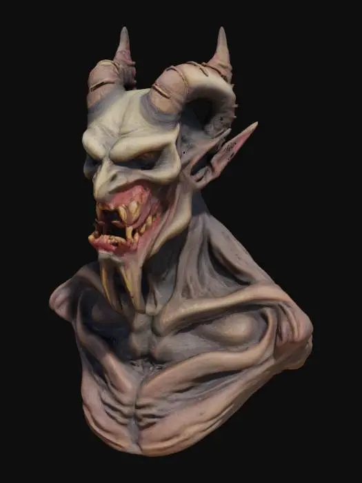 3D model for Hey Sam Rainey style demon bust , The object exhibits an irregular, grotesque, and distorted facial geometry with a wet, shiny texture and prominent malformed teeth.