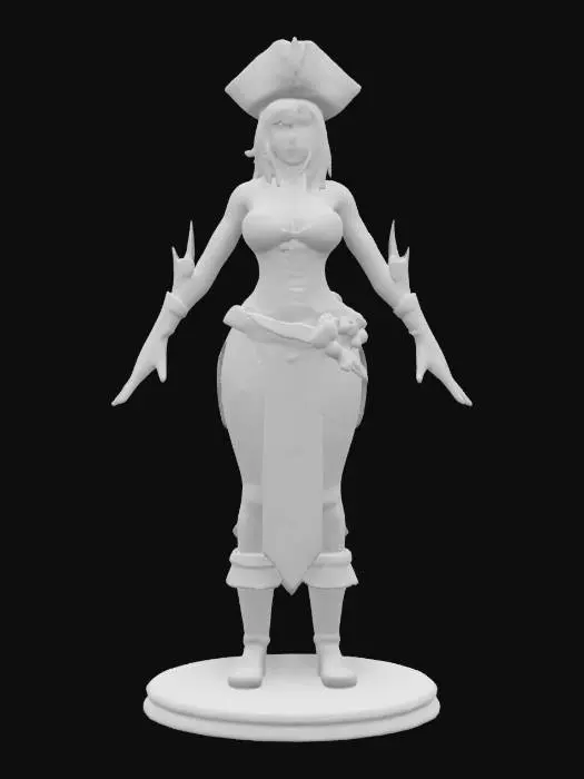 3D model for An very intricately detailed figurine of a sexy female pirate voluptuous body  with a pirate hat, fine detail, fantasy,, League of Legends, Highly Detailed, A-pose