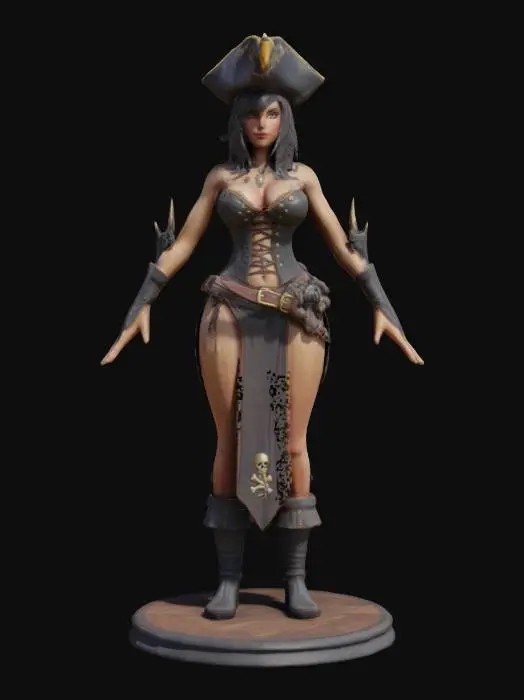 3D model for An very intricately detailed figurine of a sexy female pirate voluptuous body  with a pirate hat, fine detail, fantasy,, League of Legends, Highly Detailed, A-pose