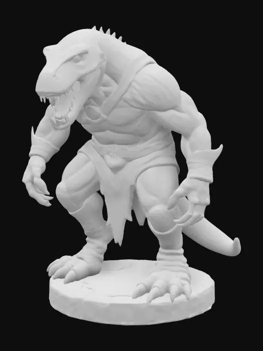 3D model for An extremely detailed medieval warrior. Has the characteristics of a t-rex man he is hunched over,  he is dressed in leather clothing he is extremely muscular. His extremely large teeth is protruding from his mouth are stained with blood. He is in an attack stance set on a round game ready base, #game figure#