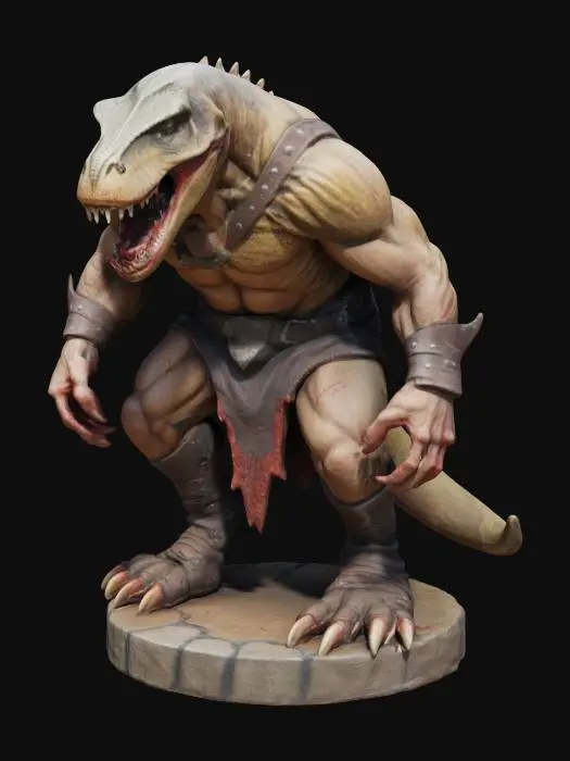 3D model for An extremely detailed medieval warrior. Has the characteristics of a t-rex man he is hunched over,  he is dressed in leather clothing he is extremely muscular. His extremely large teeth is protruding from his mouth are stained with blood. He is in an attack stance set on a round game ready base, #game figure#