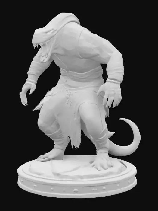 3D model for An extremely detailed medieval warrior. Has the characteristics of a man mixed with a cobra he is hunched over,  he is dressed in leather clothing he is extremely muscular. His extremely large fangs are protruding from his mouth are stained with blood. He is in an attack stance set on a round game ready base, #game figure#
