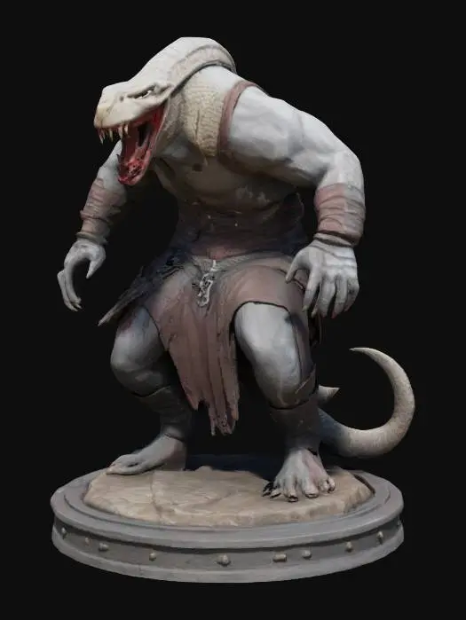 3D model for An extremely detailed medieval warrior. Has the characteristics of a man mixed with a cobra he is hunched over,  he is dressed in leather clothing he is extremely muscular. His extremely large fangs are protruding from his mouth are stained with blood. He is in an attack stance set on a round game ready base, #game figure#