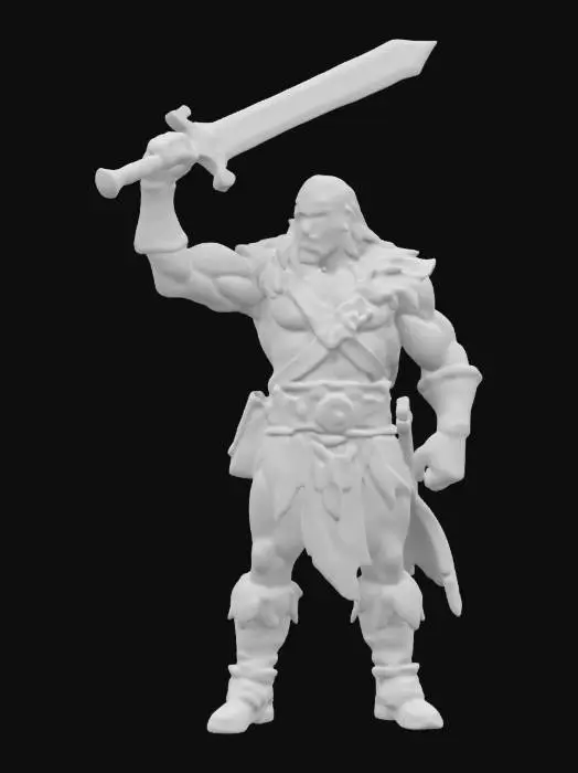 3D model for Conan the barbarian holding his broadsword above his head with both hands straight in the air