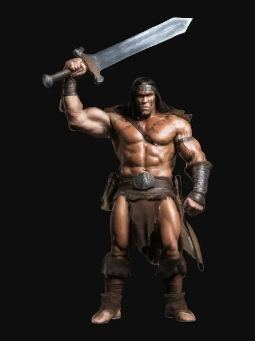 3D model for Conan the barbarian holding his broadsword above his head with both hands straight in the air