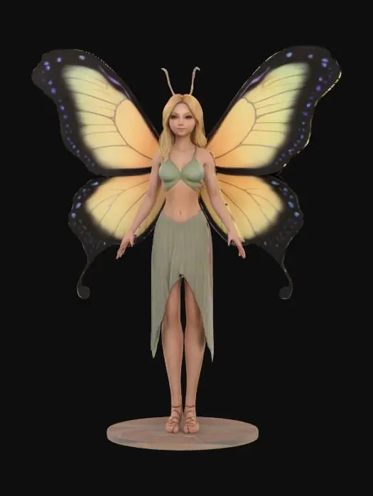 3D model for A beautiful fairy full body large butterfly wings A 3D model of a slim, tall female character in her early 20s, standing in a A-pose. She has long blond hair, natural skin tone, and subtle makeup. Dressed in a fitted crop top with realistic human anatomy. Includes PBR textures, detailed hair, realistic skin shadows, and soft lighting. Optimized for high-quality 3D printing.
on a round game ready base , Legend of Zelda style , Symmetrical Body, Highly Detailed, Ultra Realistic, #fairy#