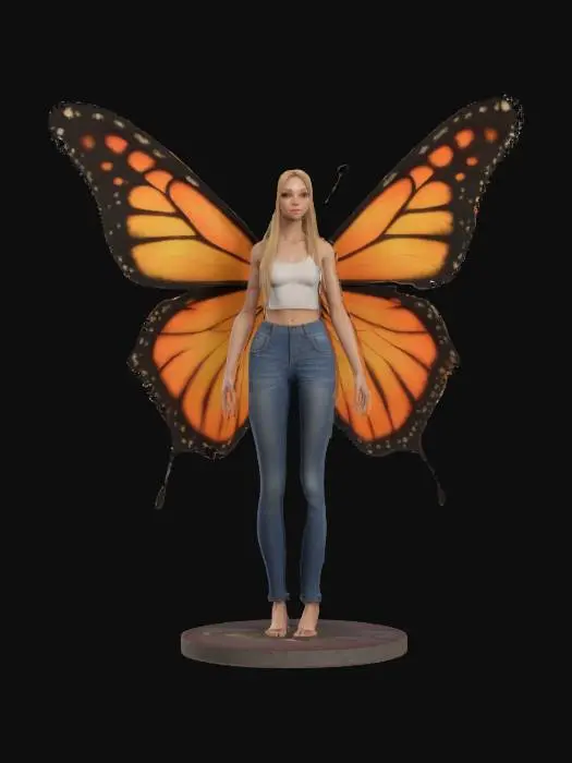3D model for A beautiful fairy full body large butterfly wings A 3D model of a slim, tall female character in her early 20s, standing in a A-pose. She has long blond hair, natural skin tone, and subtle makeup. Dressed in a fitted crop top with realistic human anatomy. Includes PBR textures, detailed hair, realistic skin shadows, and soft lighting. Optimized for high-quality 3D printing.
on a round game ready base , Legend of Zelda style , Symmetrical Body, Highly Detailed, Ultra Realistic, #fairy#