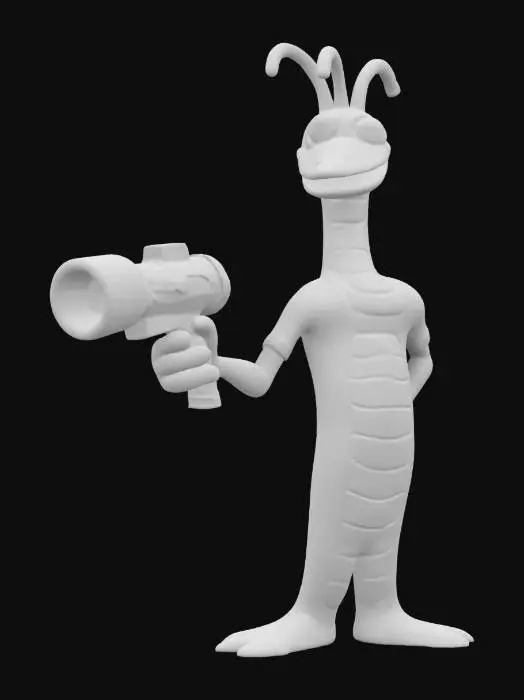 3D model for earthworm Jim , The object depicted is a cartoon character with a muscular humanoid body, elongated worm-like head, smooth texture, and vibrant colors, wielding a red futuristic blaster with a rounded yellow tip.