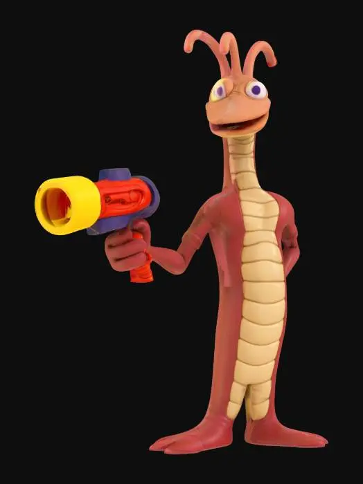 3D model for earthworm Jim , The object depicted is a cartoon character with a muscular humanoid body, elongated worm-like head, smooth texture, and vibrant colors, wielding a red futuristic blaster with a rounded yellow tip.