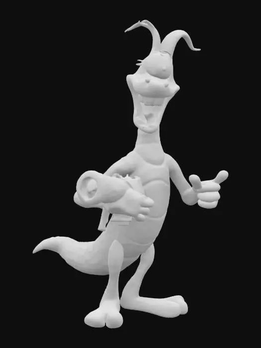 3D model for earthworm Jim , The object depicted is a cartoon character with a muscular humanoid body, elongated worm-like head, smooth texture, and vibrant colors, wielding a red futuristic blaster with a rounded yellow tip.