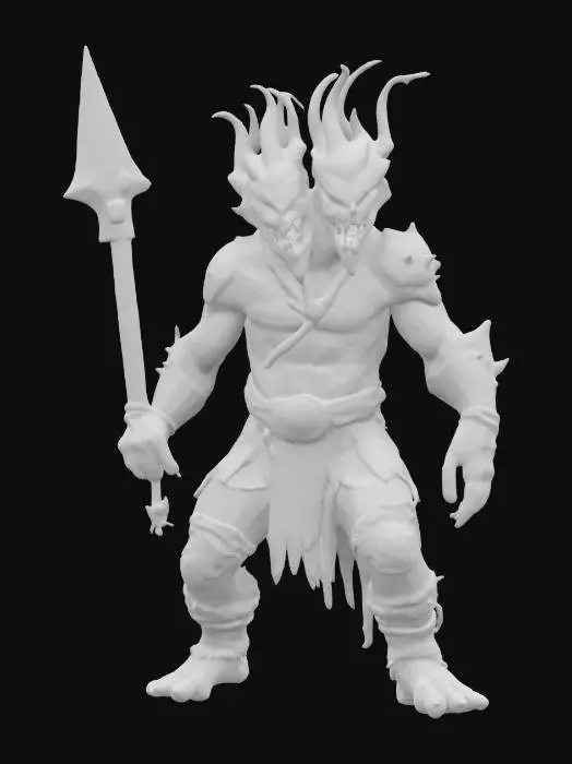 3D model for The object is a humanoid figure with rugged, muscular geometry, wearing tattered, organic-looking armor and holding a spiked club, characterized by a rough, earthy texture., two headed, one head is larger then the other , Highly Detailed, Battle Pose hunched over with both of his mouths open and snarling 