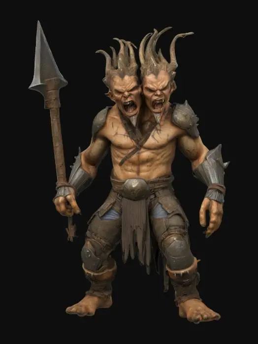 3D model for The object is a humanoid figure with rugged, muscular geometry, wearing tattered, organic-looking armor and holding a spiked club, characterized by a rough, earthy texture., two headed, one head is larger then the other , Highly Detailed, Battle Pose hunched over with both of his mouths open and snarling 