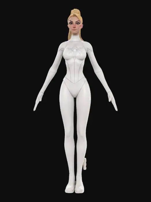 3D model for A 3D model of a spider Gwen she is a  slim, tall female character in her early 20s, standing in a A-pose. She has long blond hair, pulled back in a ponytail natural skin tone, and subtle makeup. Dressed in a fitted perfect white spiderman spider Gwen costume, with realistic human anatomy. Includes PBR textures, detailed hair, realistic skin, her eyes are covered with a small mask, shadows, and soft lighting. Optimized for high-quality 3D printing.
