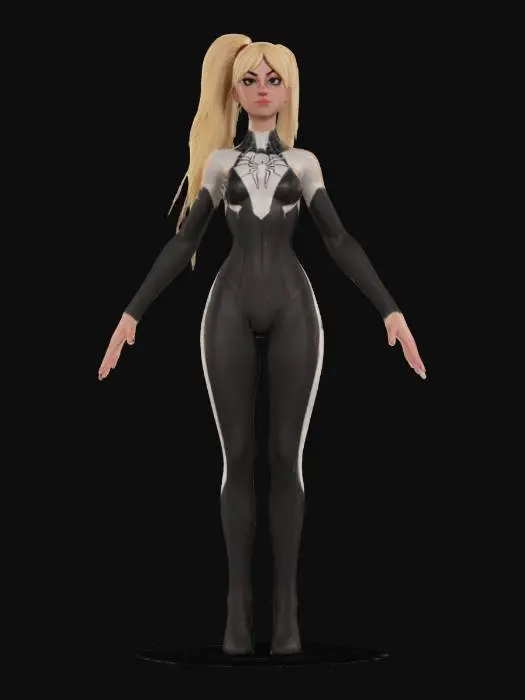 3D model for A 3D model of a spider Gwen she is a  slim, tall female character in her early 20s, standing in a A-pose. She has long blond hair, pulled back in a ponytail natural skin tone, and subtle makeup. Dressed in a fitted perfect white spiderman spider Gwen costume, with realistic human anatomy. Includes PBR textures, detailed hair, realistic skin, her eyes are covered with a small mask, shadows, and soft lighting. Optimized for high-quality 3D printing.
