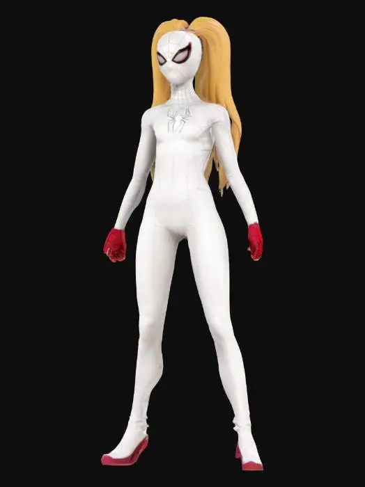 3D model for A 3D model of a spider Gwen she is a  slim, tall female character in her early 20s, standing in a A-pose. She has long blond hair, pulled back in a ponytail natural skin tone, and subtle makeup. Dressed in a fitted perfect white spiderman spider Gwen costume, with realistic human anatomy. Includes PBR textures, detailed hair, realistic skin, her eyes are covered with a small mask, shadows, and soft lighting. Optimized for high-quality 3D printing.
