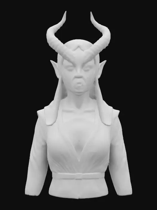 3D model for A beautiful female demon bust with deep detail in her skin, scars and burns she is wearing a robe and her horns are Impala horns 