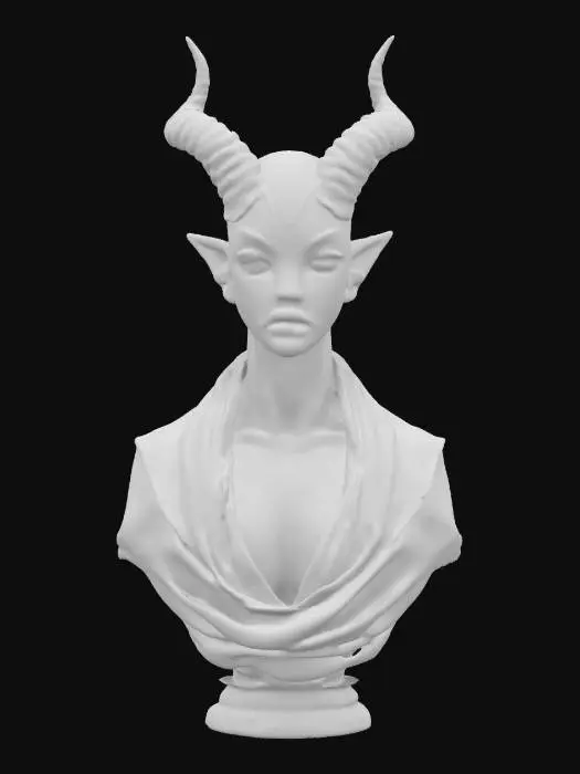 3D model for A beautiful female demon bust with deep detail in her skin, scars and burns she is wearing a robe and her horns are Impala horns 