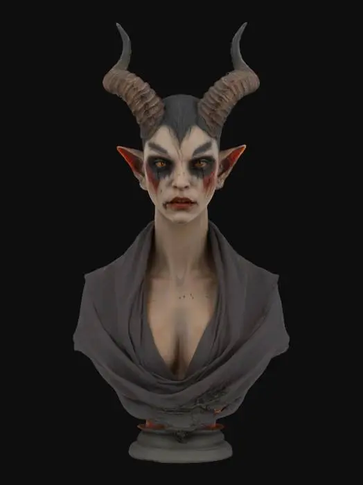 3D model for A beautiful female demon bust with deep detail in her skin, scars and burns she is wearing a robe and her horns are Impala horns 