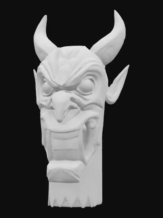 3D model for A devil tiki head. Made out of bamboo wood. Large features large eyes large teeth large ears. Deeply carved the detail wooden