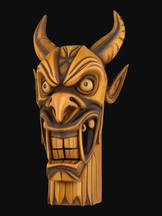3D model for A devil tiki head. Made out of bamboo wood. Large features large eyes large teeth large ears. Deeply carved the detail wooden