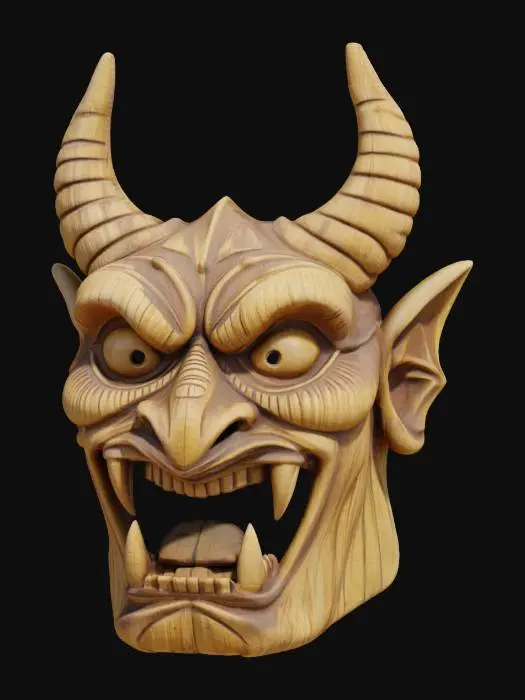 3D model for A devil tiki head. Made out of bamboo wood. Large features large eyes large teeth large ears. Deeply carved the detail wooden