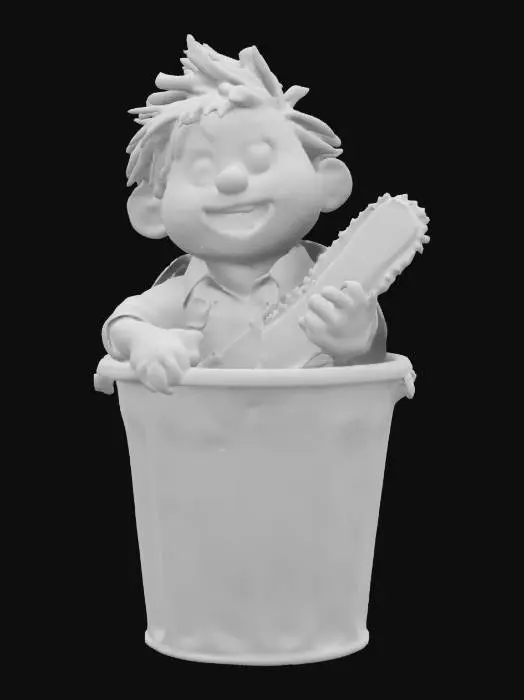3D model for Ash from evil dead in a garbage Pail cabbage patch kids style one hand is a chainsaw