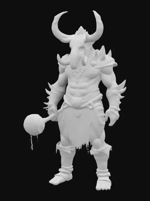 3D model for An extremely detailed medieval warrior. Has the characteristics of a elephant and man he is carrying a large wooden club he is dressed in leather clothing he is extremely muscular. His extremely large tusks that is protruding from his mouth are adorned with gold chains. He is in an attack stance mid swing of his weapon