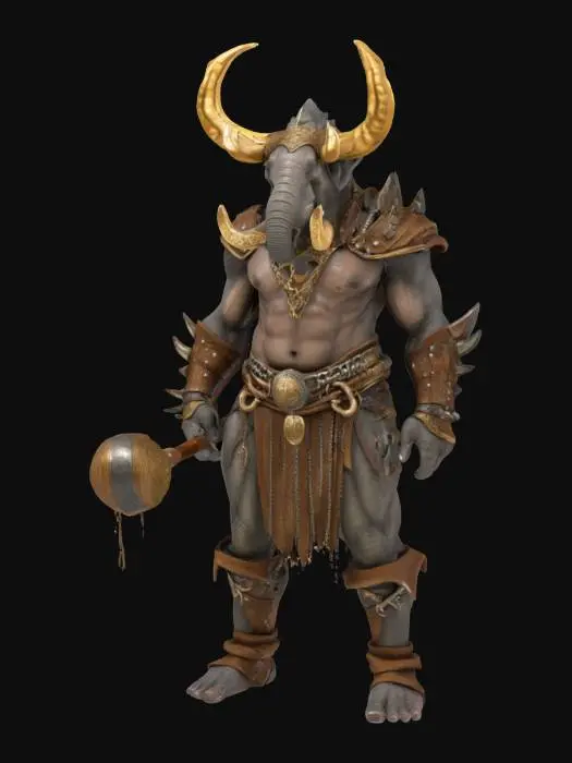 3D model for An extremely detailed medieval warrior. Has the characteristics of a elephant and man he is carrying a large wooden club he is dressed in leather clothing he is extremely muscular. His extremely large tusks that is protruding from his mouth are adorned with gold chains. He is in an attack stance mid swing of his weapon