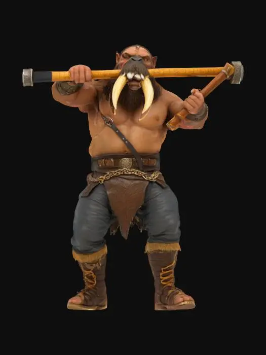3D model for An extremely detailed medieval warrior. Has the characteristics of a walrus's  and man he is carrying a large wooden club he is dressed in leather clothing he is extremely muscular. His extremely large tusks that is protruding from his mouth are adorned with gold chains. He is in an attack stance mid swing of his weapon