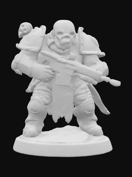 3D model for Chaos space Marine goblin he is holding an AR-15 his armor is dull iron and on one shoulder he has a skull for a shoulder guard he is in a battle ready pose on a round game ready base the base should be textured like corrugated iron