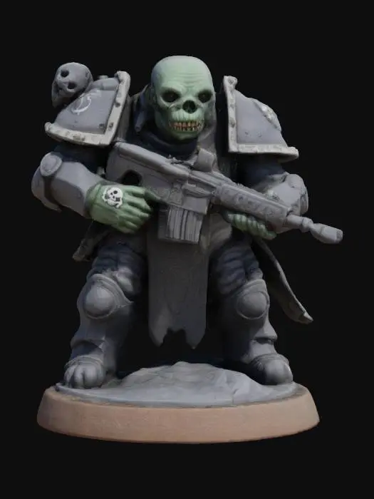 3D model for Chaos space Marine goblin he is holding an AR-15 his armor is dull iron and on one shoulder he has a skull for a shoulder guard he is in a battle ready pose on a round game ready base the base should be textured like corrugated iron