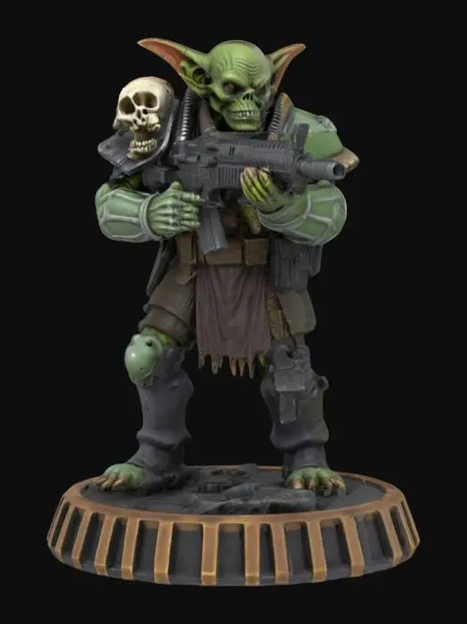 3D model for Chaos space Marine goblin he is holding an AR-15 his armor is dull iron and on one shoulder he has a skull for a shoulder guard he is in a battle ready pose on a round game ready base the base should be textured like corrugated iron