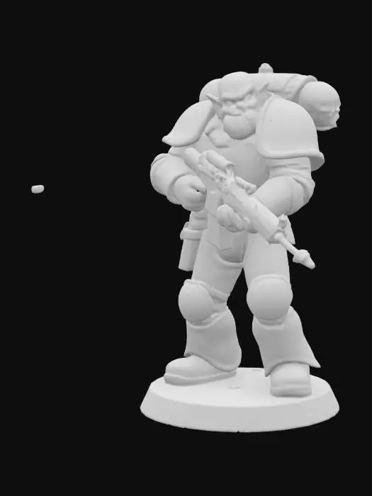 3D model for Chaos space Marine goblin he is holding an AR-15 his armor is dull iron and on one shoulder he has a skull for a shoulder guard he is in a battle ready pose on a round game ready base the base should be textured like corrugated iron