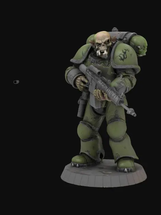 3D model for Chaos space Marine goblin he is holding an AR-15 his armor is dull iron and on one shoulder he has a skull for a shoulder guard he is in a battle ready pose on a round game ready base the base should be textured like corrugated iron
