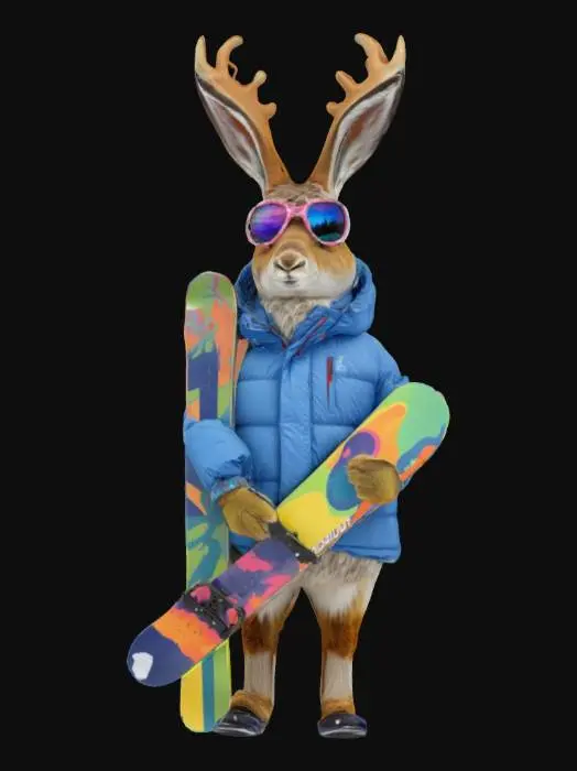 3D model for [southern Utah] a jackalope in a puffy ski coat holding a snowboard , #AroundTheWorld#