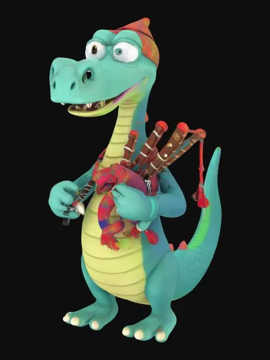 3D model for [Scotland] loch nis monster cartoon like bright colors playing bagpipes, #AroundTheWorld#