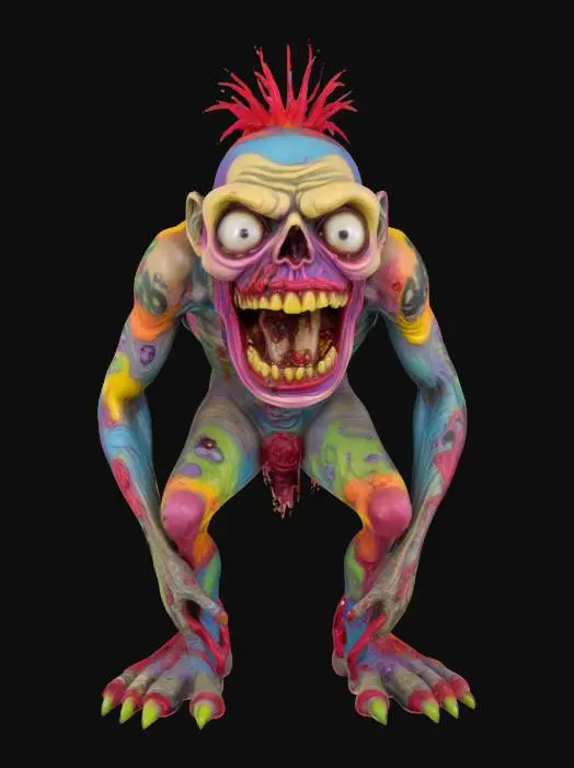 3D model for A Ed "big daddy" Roth style human zombie with bright colors standing hunched over huge mouth 