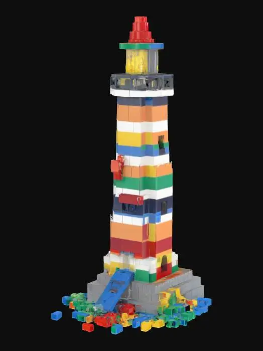 3D model for [Mane] a colorful light house made out of Lego blocks mis match colors like it was put together by a very young child with left oner pieces   #AroundTheWorld#