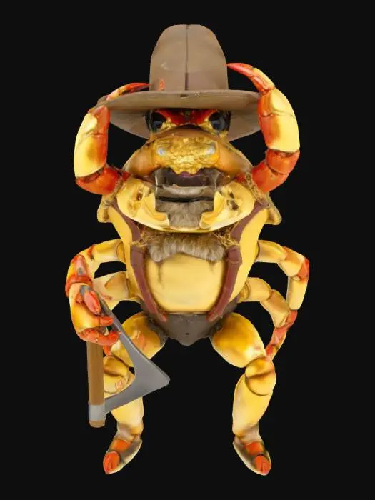 3D model for [Alaska] an Alaskan king crab with a gold shell and humanoid features. He is dressed like a gold prospector. , #AroundTheWorld#
