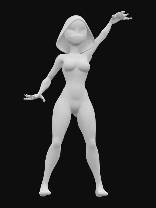 3D model for Spider Gwen in the classic 3 point Spider-Man stance. In her white costume with her arm up shooting webs 