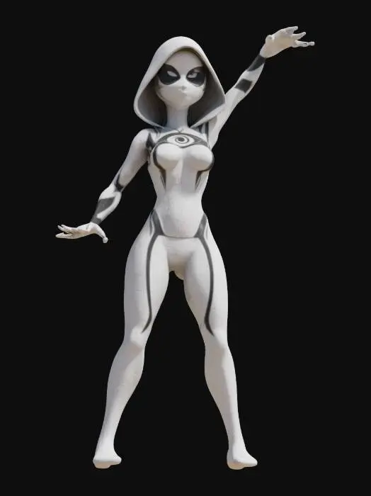 3D model for Spider Gwen in the classic 3 point Spider-Man stance. In her white costume with her arm up shooting webs 