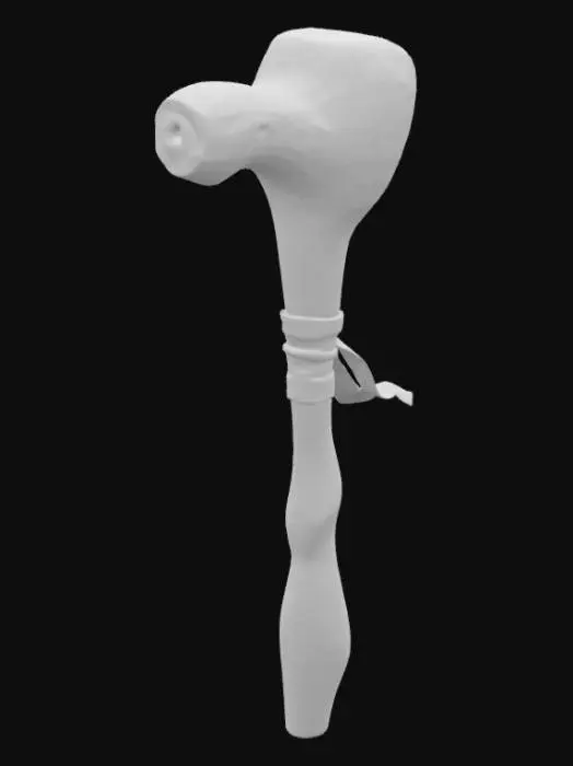 3D model for A wooden staff highly detailed cartoon with deep grain in the wood and some slight bends and knots the center has fabric tape wrapped around it