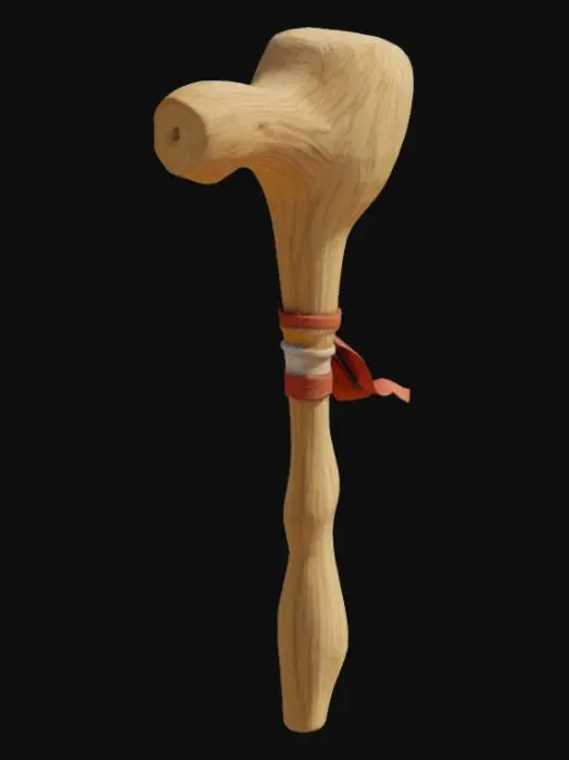 3D model for A wooden staff highly detailed cartoon with deep grain in the wood and some slight bends and knots the center has fabric tape wrapped around it