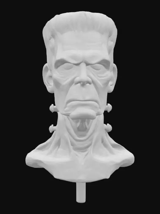 3D model for A highly detailed clay sculpture of a Frankenstein-inspired head. The face has deep wrinkles, a furrowed brow, and a stern expression. The rough clay texture gives it a handcrafted feel, with visible sculpting marks. The skin appears aged and rugged, with bolts protruding from the neck. The earthy brown color enhances its raw, unfinished look.