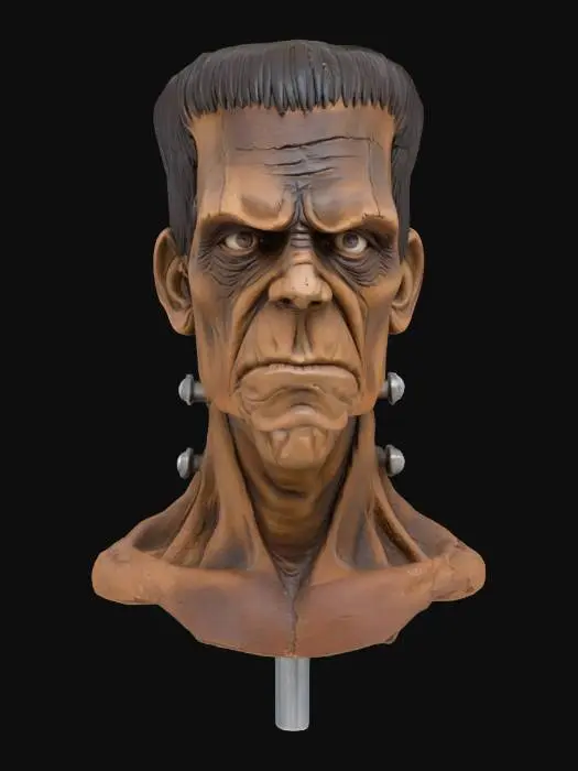 3D model for A highly detailed clay sculpture of a Frankenstein-inspired head. The face has deep wrinkles, a furrowed brow, and a stern expression. The rough clay texture gives it a handcrafted feel, with visible sculpting marks. The skin appears aged and rugged, with bolts protruding from the neck. The earthy brown color enhances its raw, unfinished look.