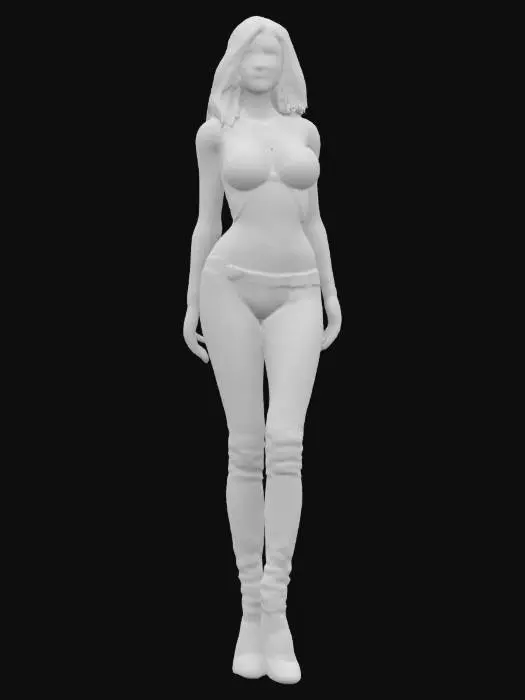 3D model for The object is a 3D-rendered female character with a curvaceous, anatomically detailed shape, smooth skin-like texture, wearing metallic-looking clothing and high-heeled shoes, set against a dark background.
