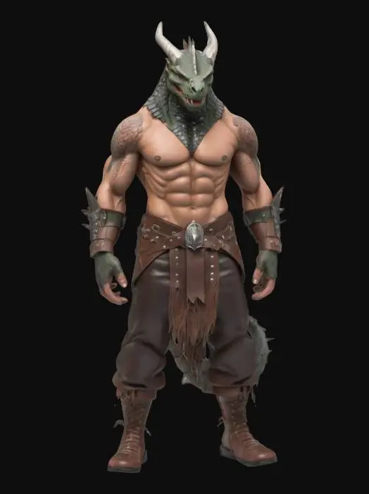 3D model for dragon born barbarian dragon head muscular humanoid body leather clothing  