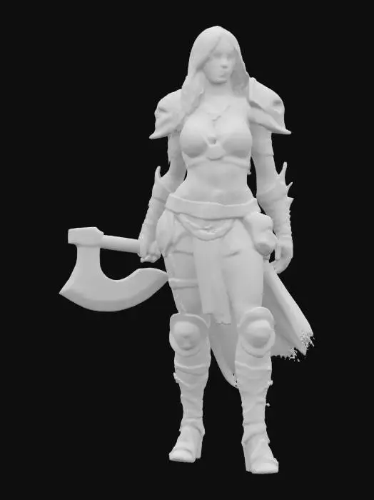 3D model for Create a fierce warrior with long red hair stands in a action pose, clad in detailed leather and metal armor adorned with skull emblems. She wields a massive double-headed axe etched with intricate designs, she has a muscular body with clear definition of her abs and muscular arms. Her hair is blowing to one side and her face is battle worn