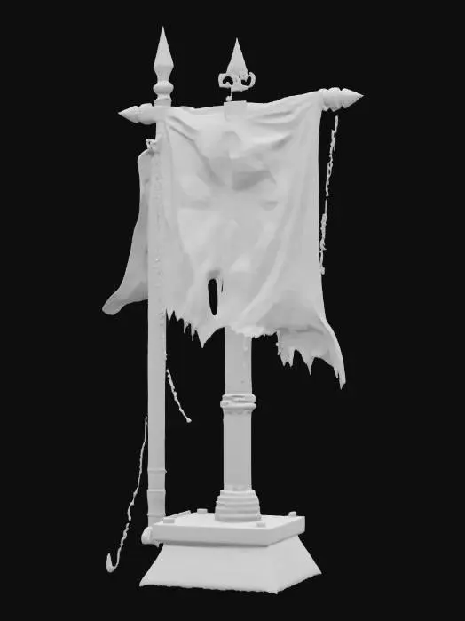 3D model for A stylized medieval war banner stand with a rugged, battle-worn design. The structure consists of a thick wooden post reinforced with jagged black metal plates and spikes. A tattered red banner with a dark emblem hangs from a sturdy wooden crossbeam, secured by heavy metal chains. The base is reinforced with sharp, uneven black metal, giving it a brutal, fortress-like appearance. The overall design is dark, powerful, and fitting for a fantasy or war-torn setting.